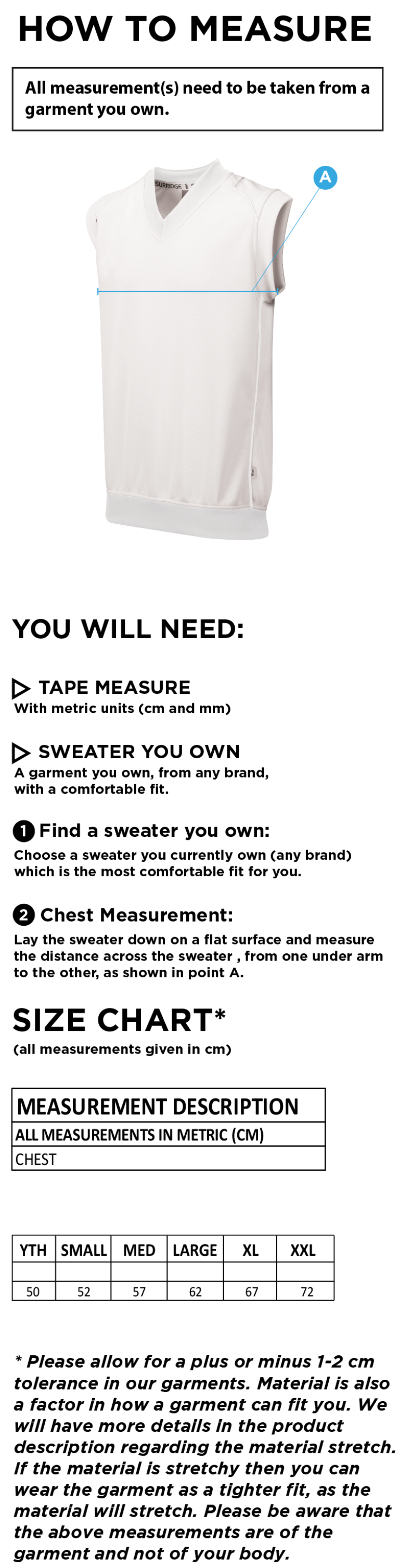 Saxlingham CC - Curve Sleeveless Sweater - Size Guide
