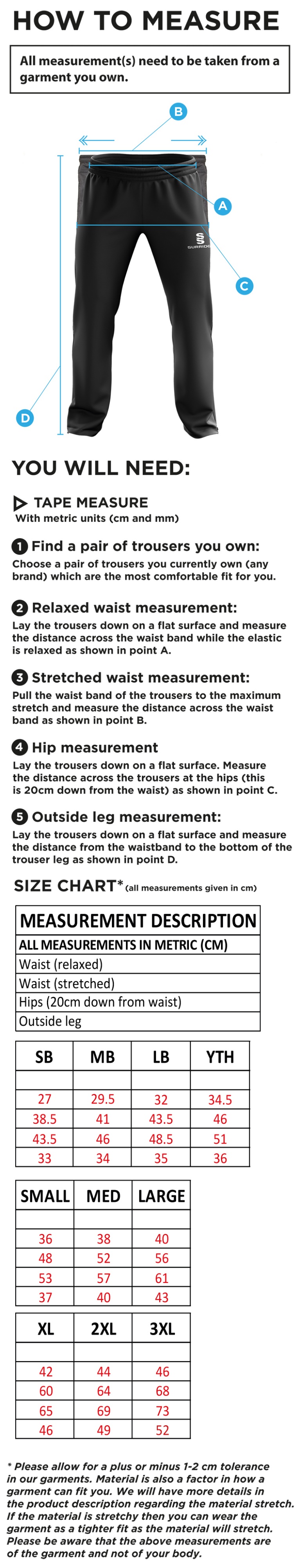 Saxlingham CC - Ripstop Track Pant - Size Guide