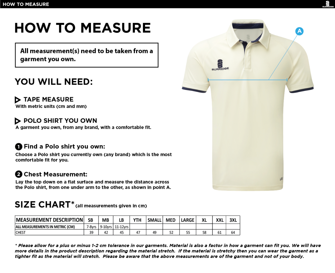 Saxlingham CC - Ergo Junior Short Sleeve Playing Shirt - Size Guide