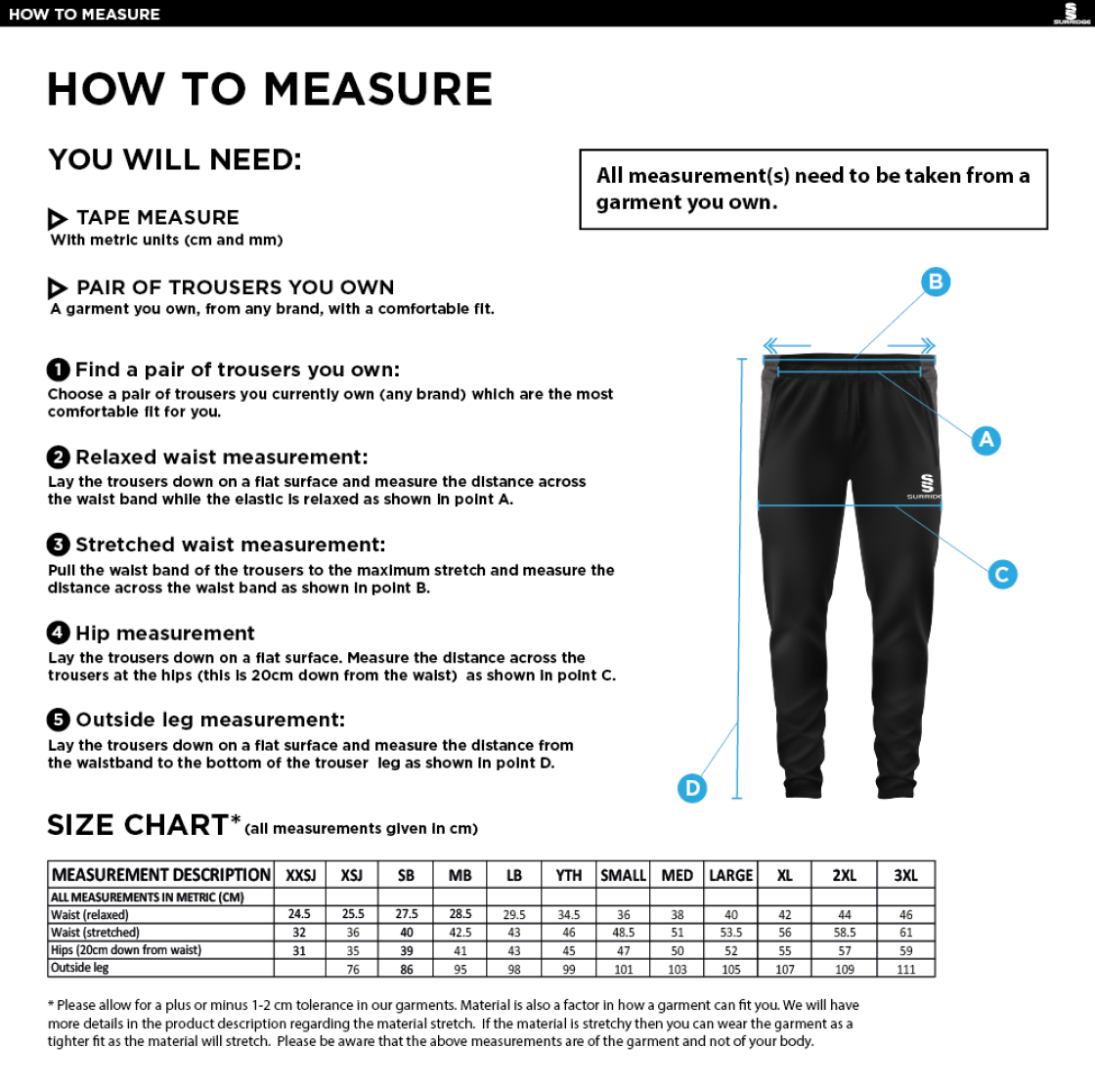 Saxlingham CC - Tek Slim Training Pants - Size Guide