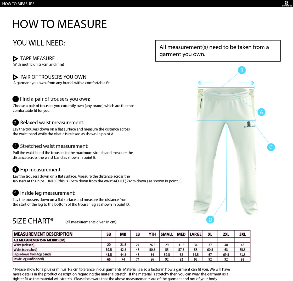Saxlingham CC - Standard Playing Pant - Size Guide