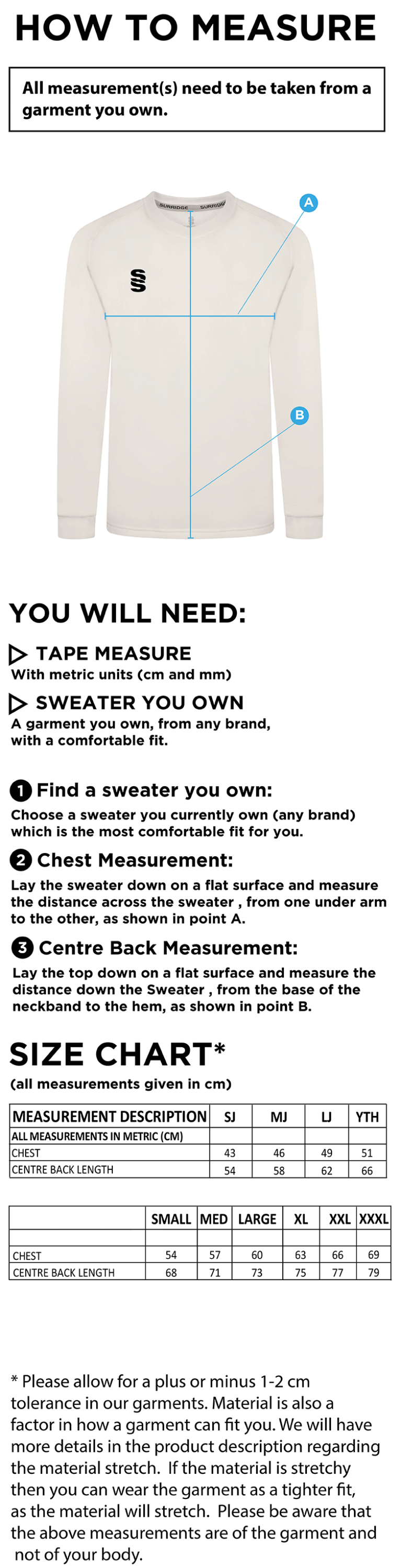 Blast Long Sleeve Cricket Sweater - Size Guide