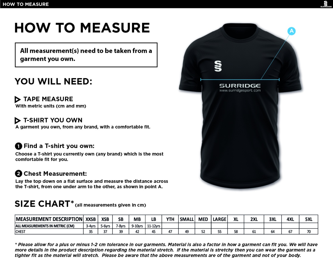 Saxlingham CC - Blade Training Shirt - Size Guide