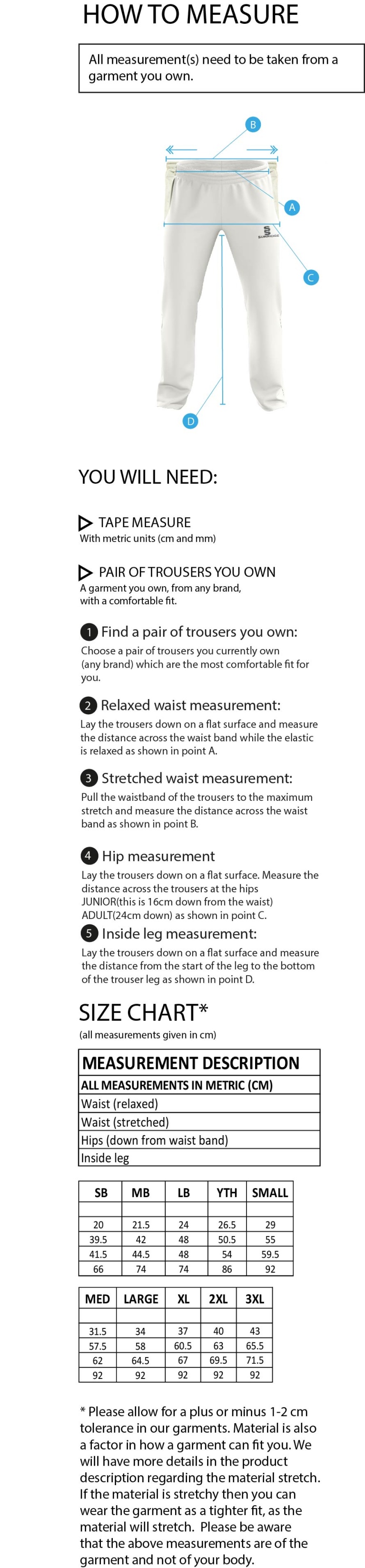 Saxlingham CC - Standard Playing Pant - Size Guide