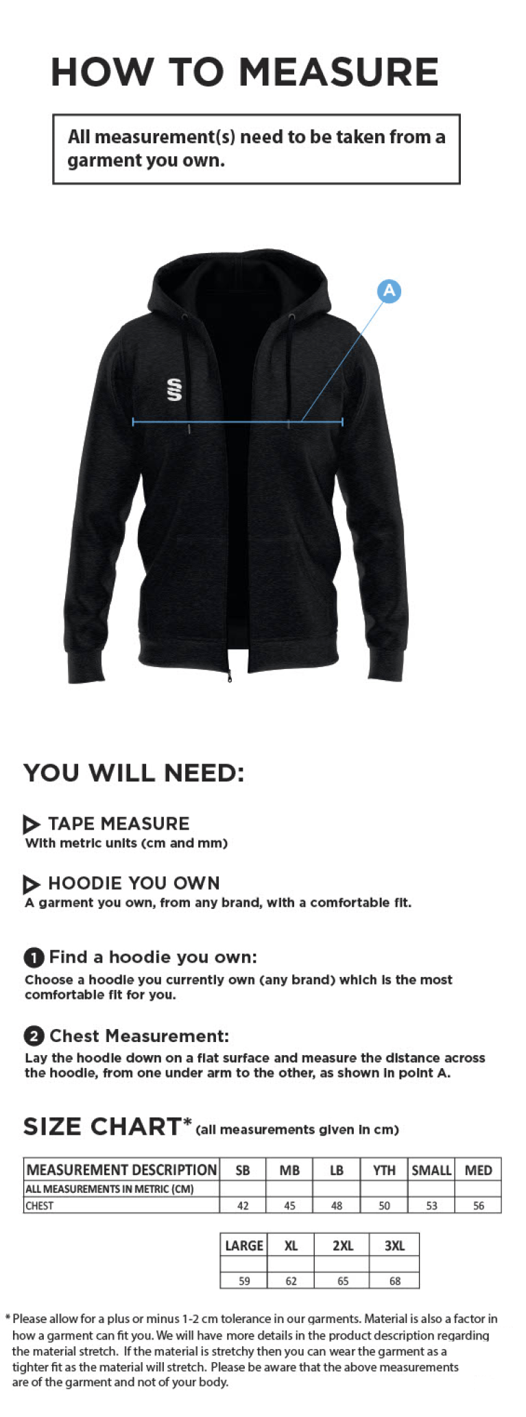 Saxlingham CC - Dual Bonded Full Zip Hoody - Size Guide