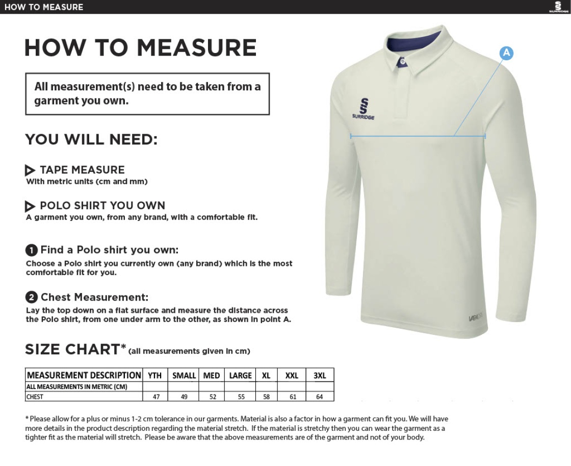 Saxlingham CC - Ergo Long Sleeve Playing Shirt - Size Guide