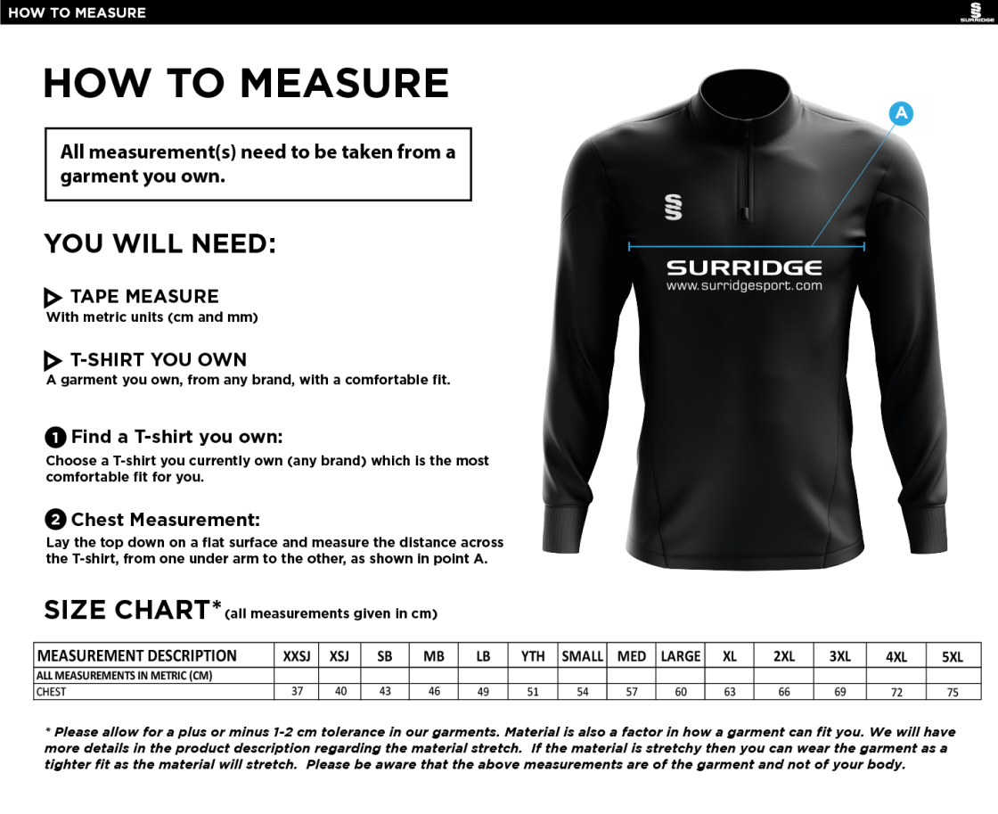 Saxlingham CC - Dual Performance 1/4 Zip Top - Size Guide