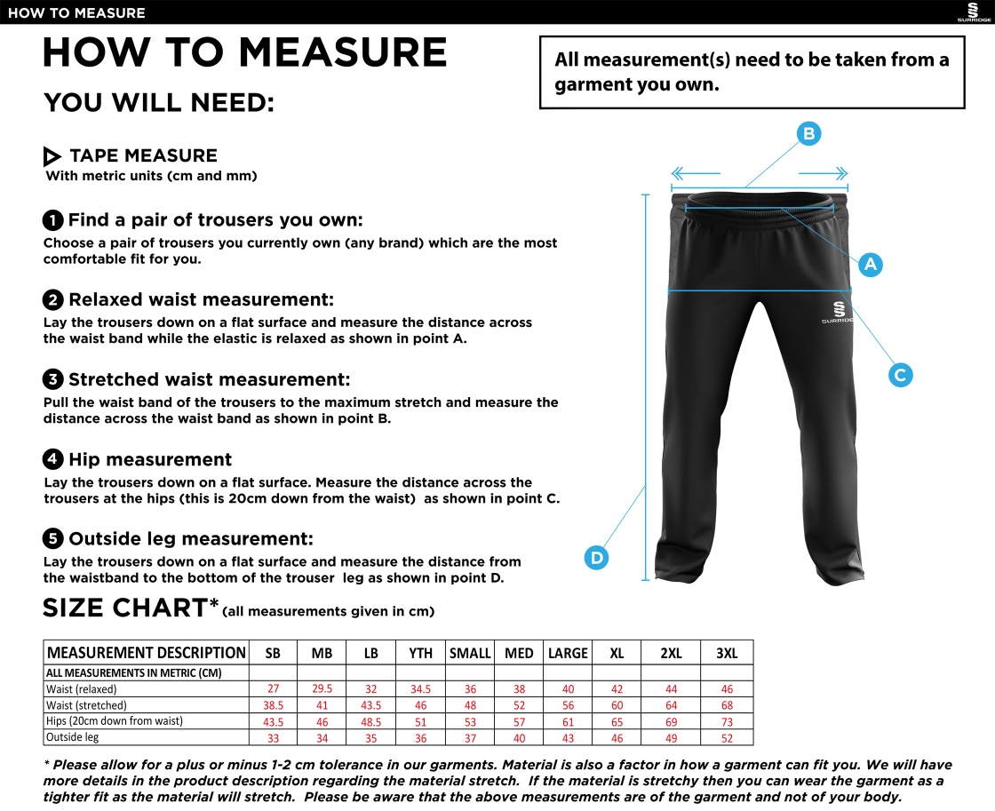 Saxlingham CC - Ripstop Track Pant - Size Guide