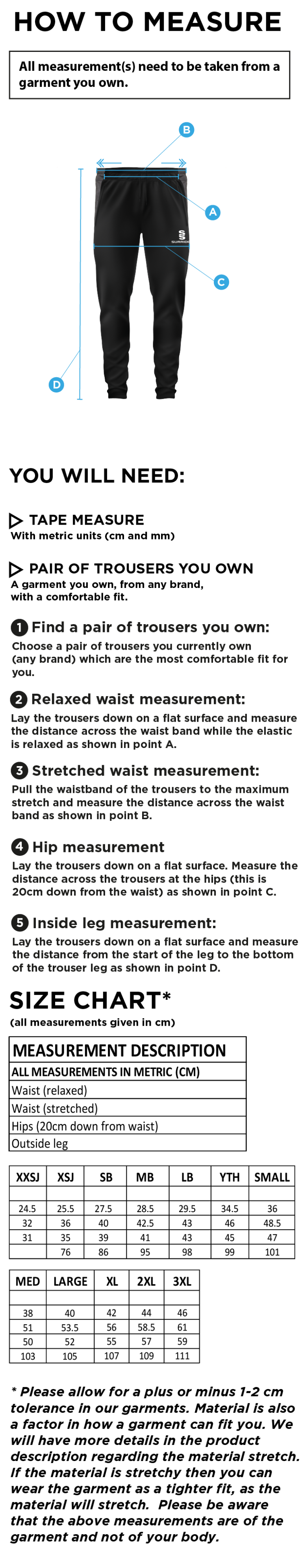 Saxlingham CC - Tek Slim Training Pants - Size Guide
