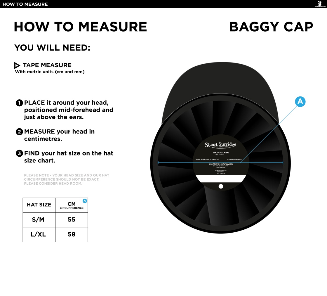 Saxlingham CC - Baggy Cricket Cap - Size Guide