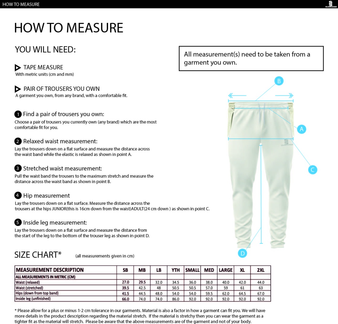 Saxlingham CC - Tek Playing Trousers - Size Guide