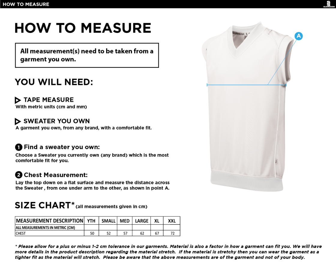 Saxlingham CC - Curve Sleeveless Sweater - Size Guide