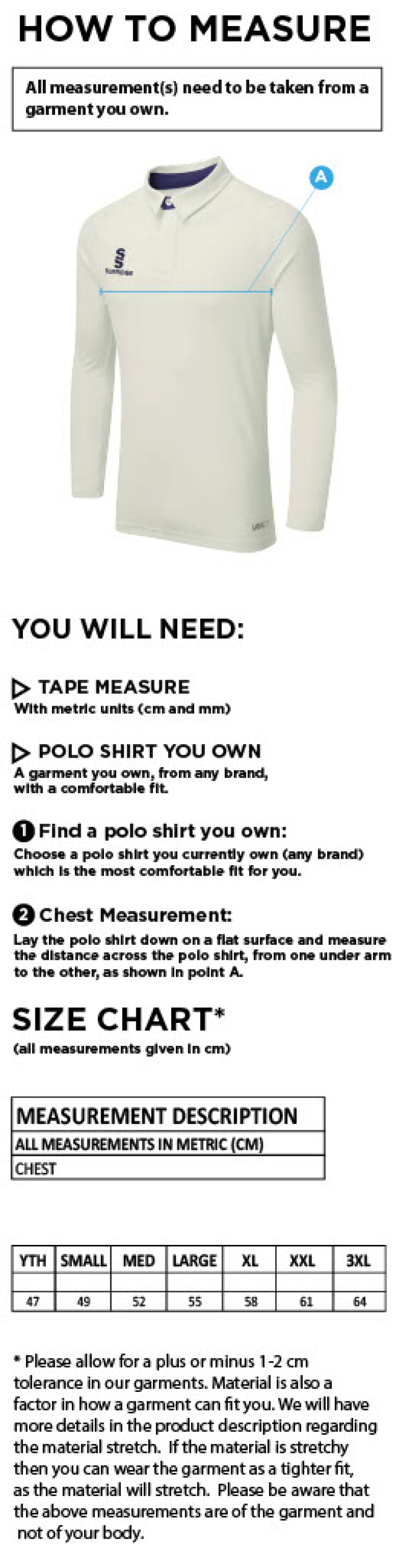 Saxlingham CC - Ergo Long Sleeve Playing Shirt - Size Guide