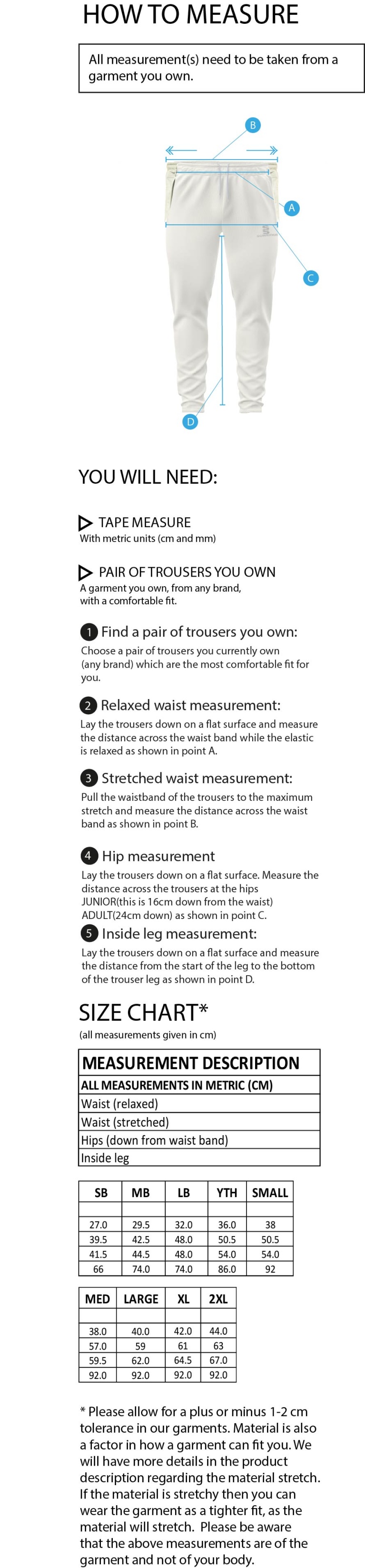 Saxlingham CC - Tek Playing Trousers - Size Guide